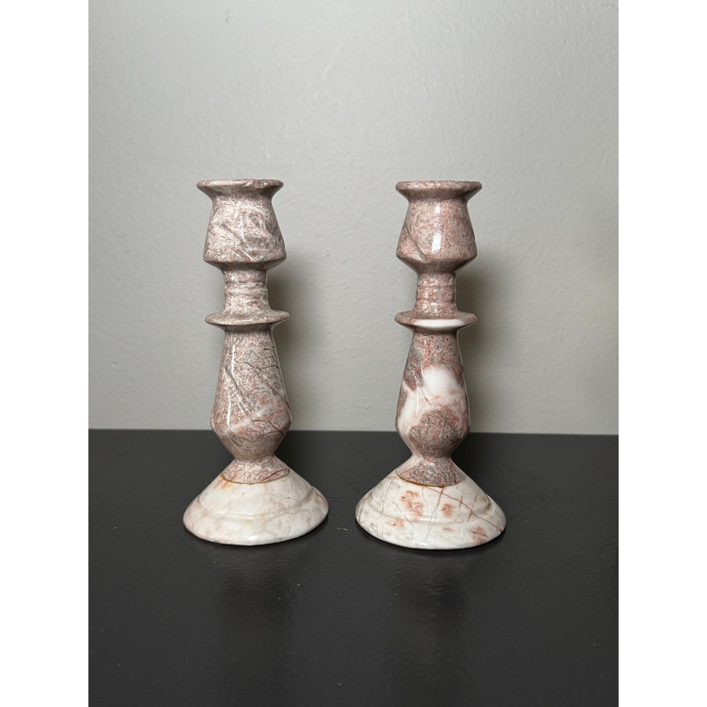 Marble Candle Stick Holders Carved Pink / White Stone Set Of 2